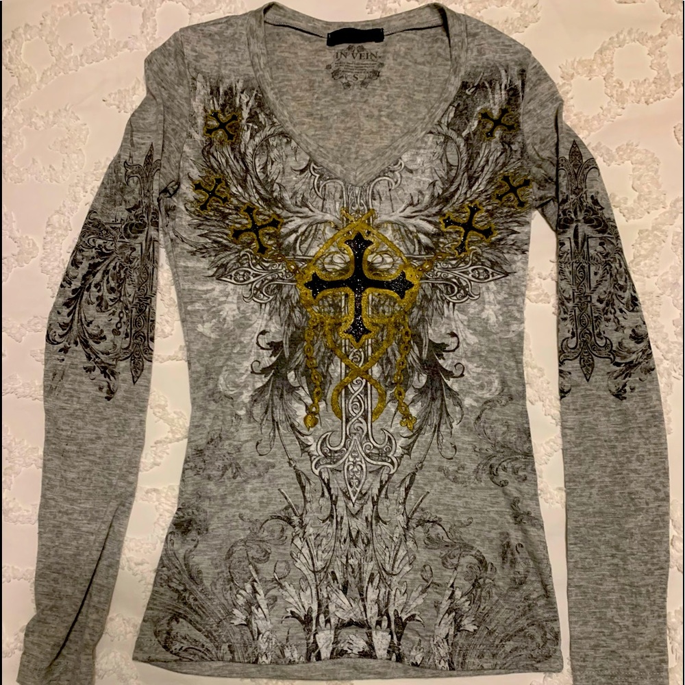 COPY - In Vein Gold, Black & Gray Cross along Sleeve Tee- Small